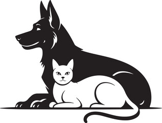 Black silhouette of dog and white cat isolated on white
