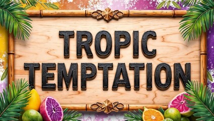 A wooden sign reading 'TROPIC TEMPTATION' framed with bamboo edges, surrounded by palm leaves, colorful fruits, and a bright splattered background.