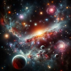Imagine a photorealistic image of the deep universe, with a vast, three-dimensional scene where stars of different sizes and colors shine brightly amidst the infinite darkness of the cosmos. 