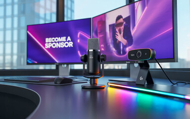 Vibrant gaming streamer setup RGB-lit desk, dual monitors, mic, webcam, with animated 'Become a Sponsor' banner. Energetic tech vibe!