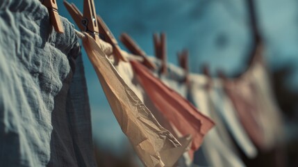 Clothes gently sway on a line, bathed in warm sunlight, evoking a serene and nostalgic atmosphere.