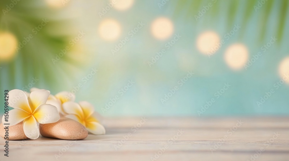 Poster smooth stones and plumeria flowers arranged on a wooden surface create a tranquil spa atmosphere wit