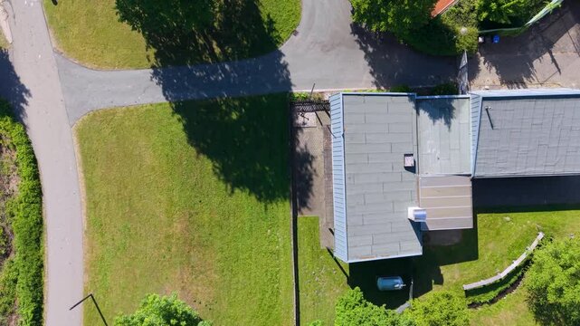 Drone view of Lake Aasee, recreation areas and tennis courts in Ibbenbueren, Germany