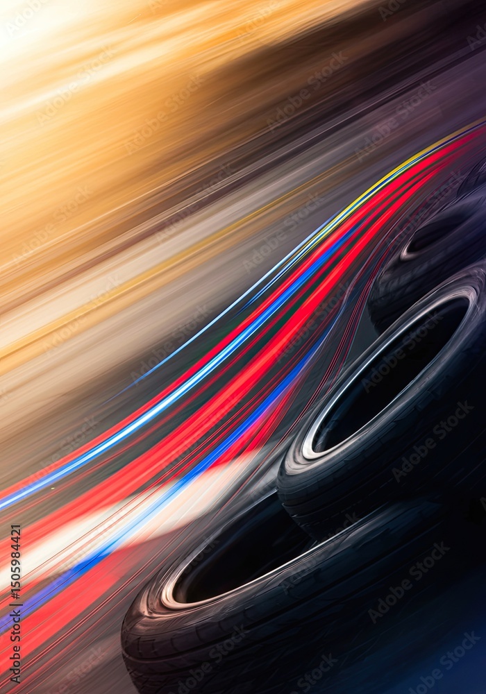 Poster abstract dynamic image featuring blurred streaks of red blue and white lights. dark tires stack in t