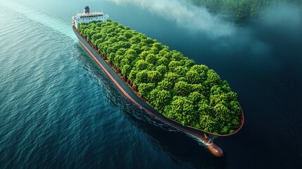 Eco-Friendly Cargo Ship Transporting Lush Forest on Calm Water