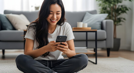 Smiling Asian woman with long dark hair using a black smartphone