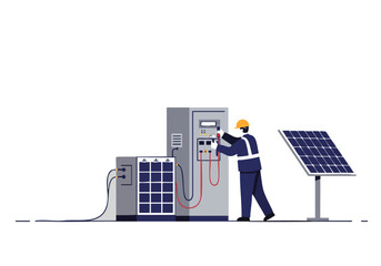 A technician troubleshoots a solar panel system, inspecting wiring and connections. Clean, modern illustration with a focus on renewable energy and maintenance. © Vector Factory