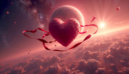 Heart-shaped planet floating in space with red ribbon. Cosmic heart surrounded by clouds and celestial bodies.  Romantic illustration perfect for World Hypertension Day awareness campaign.