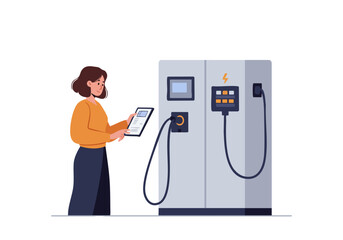A woman uses a tablet to manage an electric vehicle charging station. Modern, clean design with a focus on energy and technology. Professional setting.