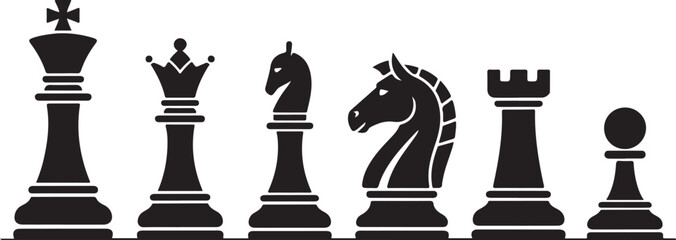 Chess piece icons set. Board game. Black silhouettes illustration. Outline set of chess vector icon for web design isolated on white background. King, queen, bishop, pawn, horse, knight, rook.