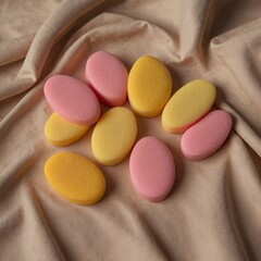 Aesthetic flat lay of pink and yellow makeup sponges on beige fabric.