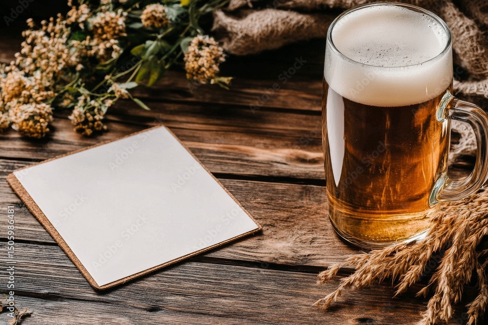 Poster enjoying a refreshing beer with a rustic wooden backdrop in a cozy setting