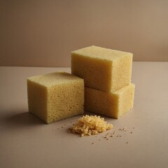 Minimalist composition with two sponges on a beige surface.