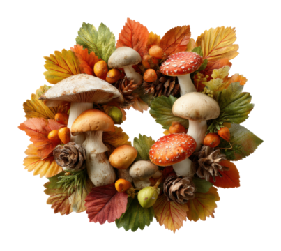 Autumn decoration with colorful mushrooms nature wreath composition seasonal vibes isolated on transparent background