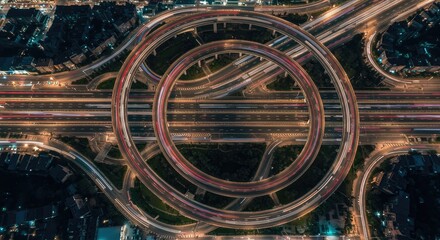 Aerial view of city expressway at night with illuminated vehicle trails creating a circular pattern over urban landscape