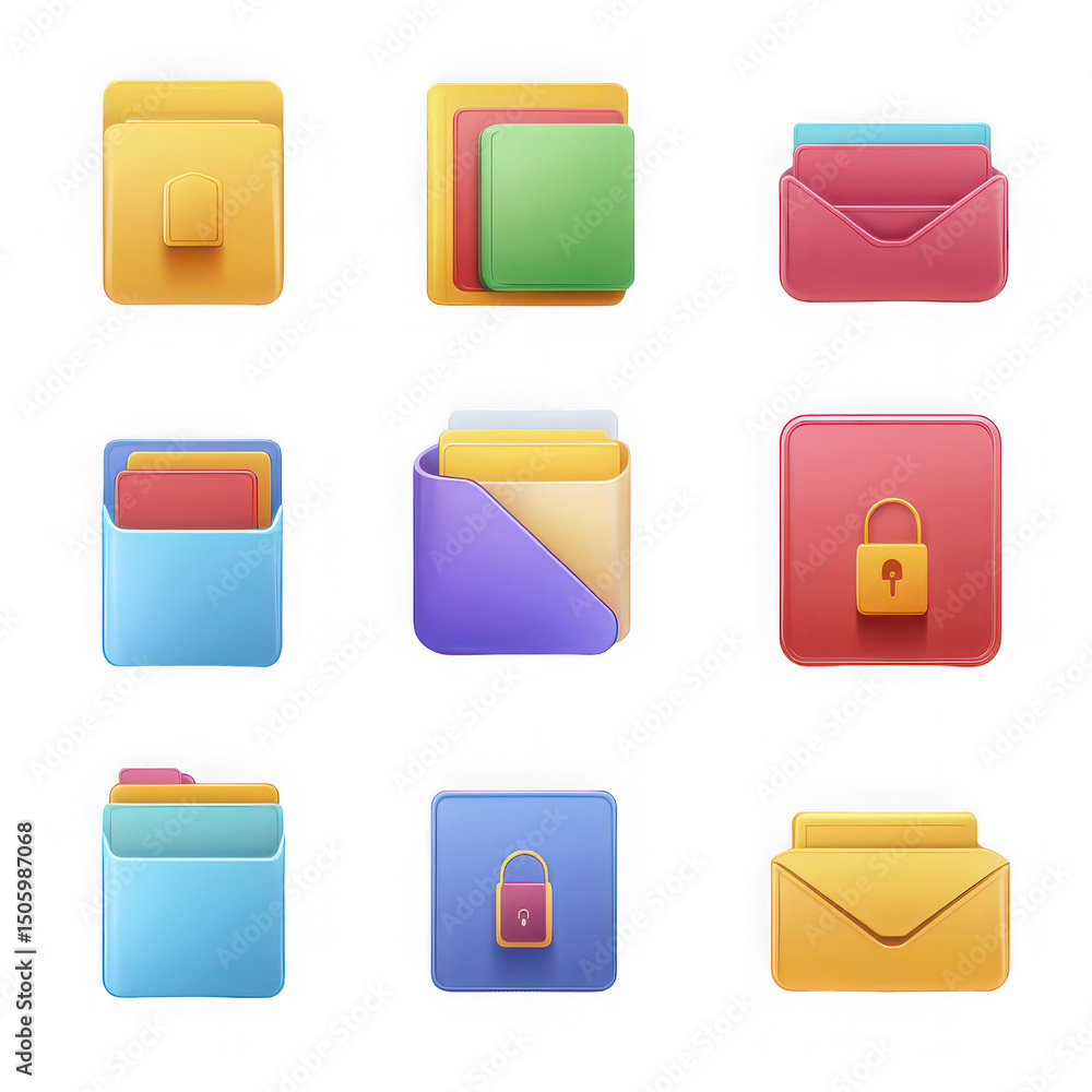 Poster colorful 3d app icons set with folders envelopes and locks on transparent background