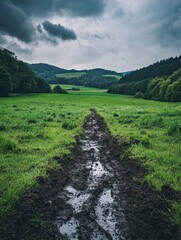 Obraz premium Muddy Road in Green Field
