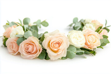 Delicate May Day flower crown with pastel roses and greenery isolated on a white background
