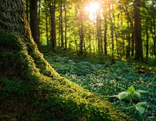 Fototapeta premium a vibrant close up of lush green foliage and a moss covered tree trunk illuminated by soft sunlight filtering through the forest creating a serene and tranquil atmosphere