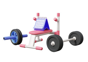 Calendar planner fitness roller wheel pink gym bench and black barbell on isolated background png. gym exercise concept. lifestyle healthy care sport activity strength. 3d render illustration design