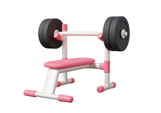 Pink gym bench and black barbell on isolated background png. gym fitness exercise concept. lifestyle healthy care sport activity strength, design banner. 3d render illustration