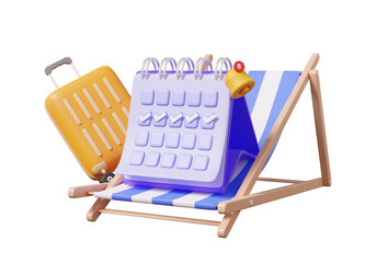 Calendar alert bell warning reminder on beach chair suitcase advertising activity appointment tourism travel summer holiday relaxation concept. journey design banner template mockup. 3d render 