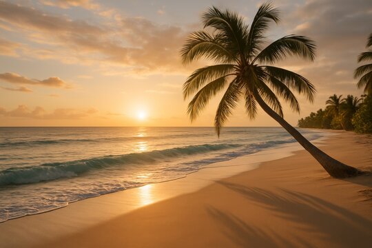 Peaceful tropical beach at sunset with palm tree, gentle waves, and golden light reflecting on the ocean.

 - Powered by Adobe