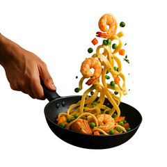 Chef Tossing Italian Pasta with Shrimp and Vegetables, Transparent

