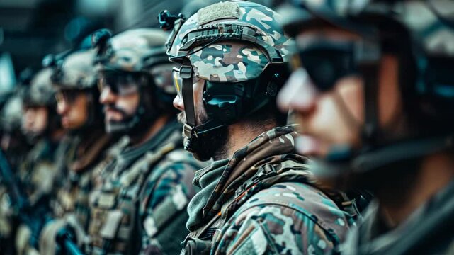 Diverse soldiers in helmets and camouflage uniforms stand united during joint military exercises
