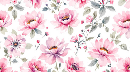 Seamless pattern with pink pions watercolor