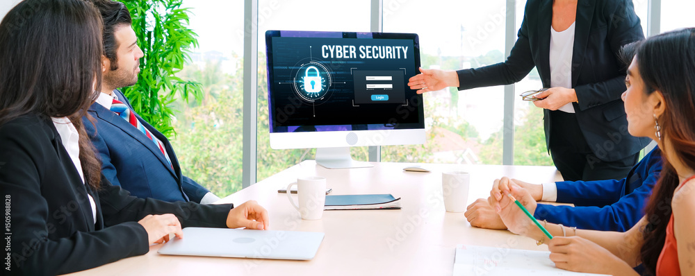 Poster cyber security system on computer screen protect private information snugly from hacker and cyber at