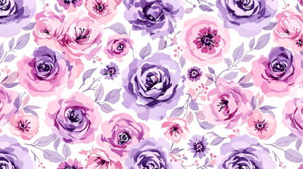 Seamless pattern with flowers, Purple roses background watercolor