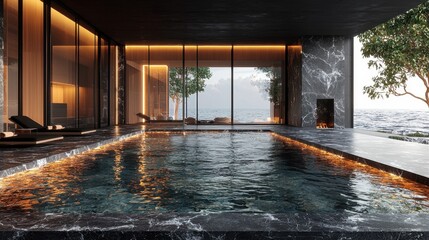 Modern Indoor Pool with Ocean View and Elegant Lighting Design