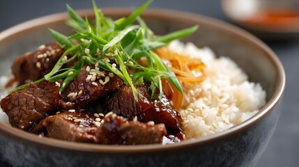 Close-up shot of a donburi bowl with beef gyudon advertising photography 