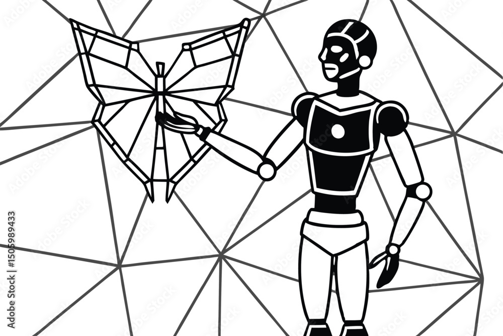 Poster man with umbrella in a black and white abstract geometric connection network design