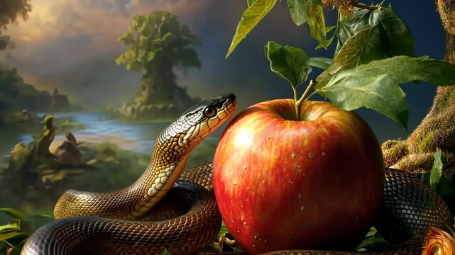 Eden moment: Adam temptation, Eve disobedience, serpent whisper, fruit grasp, garden exile, divine wrath, moral test, fig cover, sacred symbol, ancient lore, faith journey, holy command