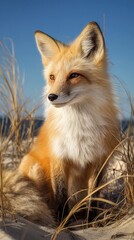 Obraz premium Fox Sitting in Tall Grass by the Sea During a Clear Sunny Day
