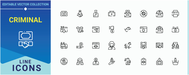 Criminal icon set. Contains outline symbols like ban, crime, corruption and more. Illegal modern icon set. Minimal thin line web icons set. Editable vector stroke.