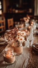 Cozy Dining Table Decorated With Flowers and Candles for a Special Gathering in a Rustic Setting