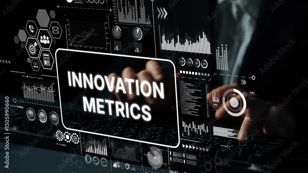 Poster detailed visualization of innovation metrics on a digital screen representing business data analysis