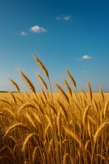 Naklejka premium Golden wheat field under clear blue sky on a sunny summer day, symbolizing growth, abundance, and agriculture.