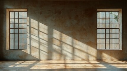 Sunlight Streaming Through Windows on Textured Wall in Empty Room