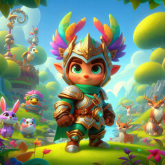 Enchanted forest scene with colorful character in armor surrounded by friendly woodland creatures during a bright day