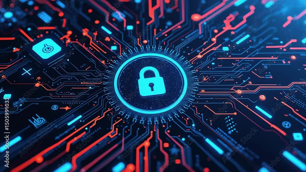 Poster a digital lock icon at the center of a glowing circuit board, symbolizing cybersecurity and data pro