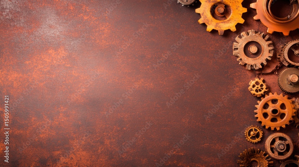 Poster gears of various sizes and rusted textures are strategically placed on a brown backdrop, showcasing 