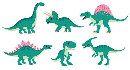 Collection of green  dinosaurs on  white background.