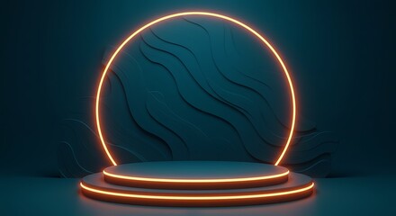 Dark teal product display podium with neon light circle