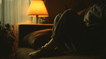 Fototapeta premium Nestled in a cozy room, a person sits quietly on a couch, enveloped in warm light from a nearby lamp.