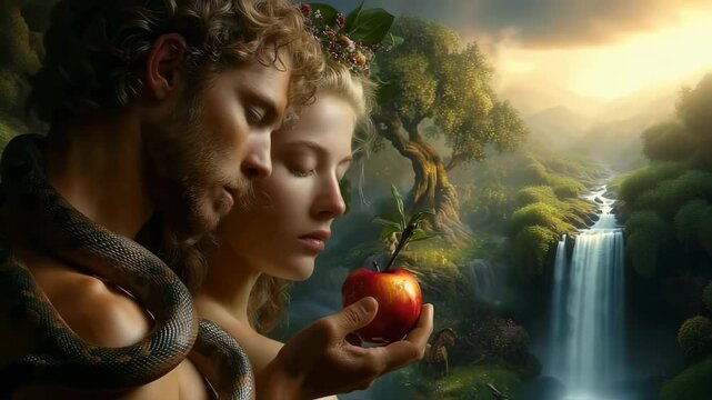 Serpent voice: Adam approach, Eve listen, fruit reach, Eden silence, sin echo, tree secret, divine gaze, sacred breach, moral lapse, exile path, faith shift, biblical message