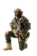Special Forces Soldier in Tactical Gear with Firearm on White Background